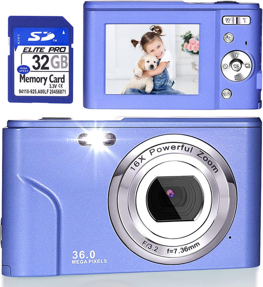 Digital Camera, FHD 1080P 36.0 MP Vlogging Camera Rechargeable Mini Camera Kids Camera Pocket Camera with 32GB SD Card 16X Digital Zoom, Compact Portable Camera for Kids Students Teenager-Brown