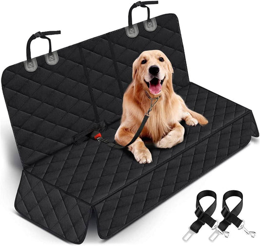 Black waterproof dog car seat cover with adjustable straps and non-slip backing protecting car back seat with a golden retriever sitting on it