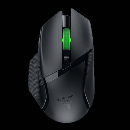 Basilisk V3 X black wireless gaming mouse with green RGB scroll wheel and ergonomic design