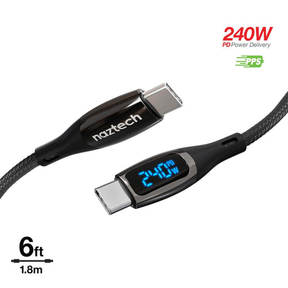 Naztech DigiWATT USB-C to USB-C 6ft cable with LED digital wattage meter and 240W power delivery