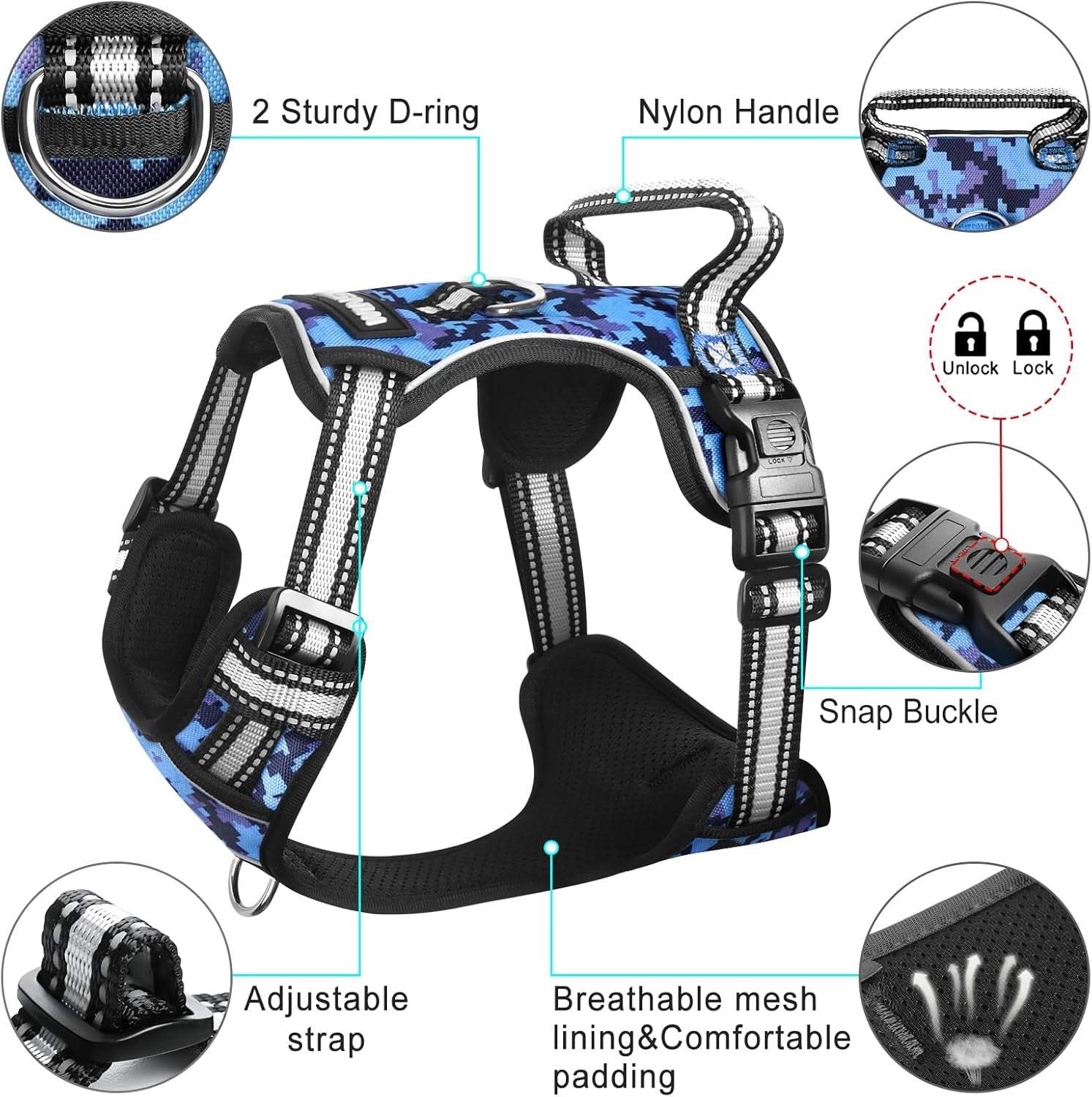 Adjustable no-pull dog harness with breathable mesh, reflective straps, sturdy D-rings, nylon handle, and secure snap buckle in blue digital camo pattern.