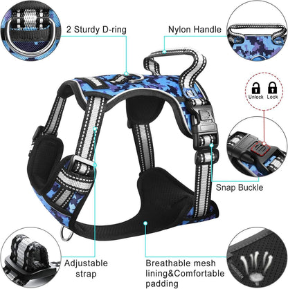 Adjustable no-pull dog harness with breathable mesh, reflective straps, sturdy D-rings, nylon handle, and secure snap buckle in blue digital camo pattern.