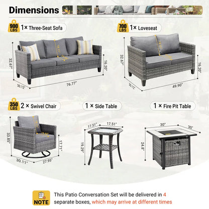 Lovall Rattan Wicker 7 - Person Seating Group with Fire Pit and Cushions
