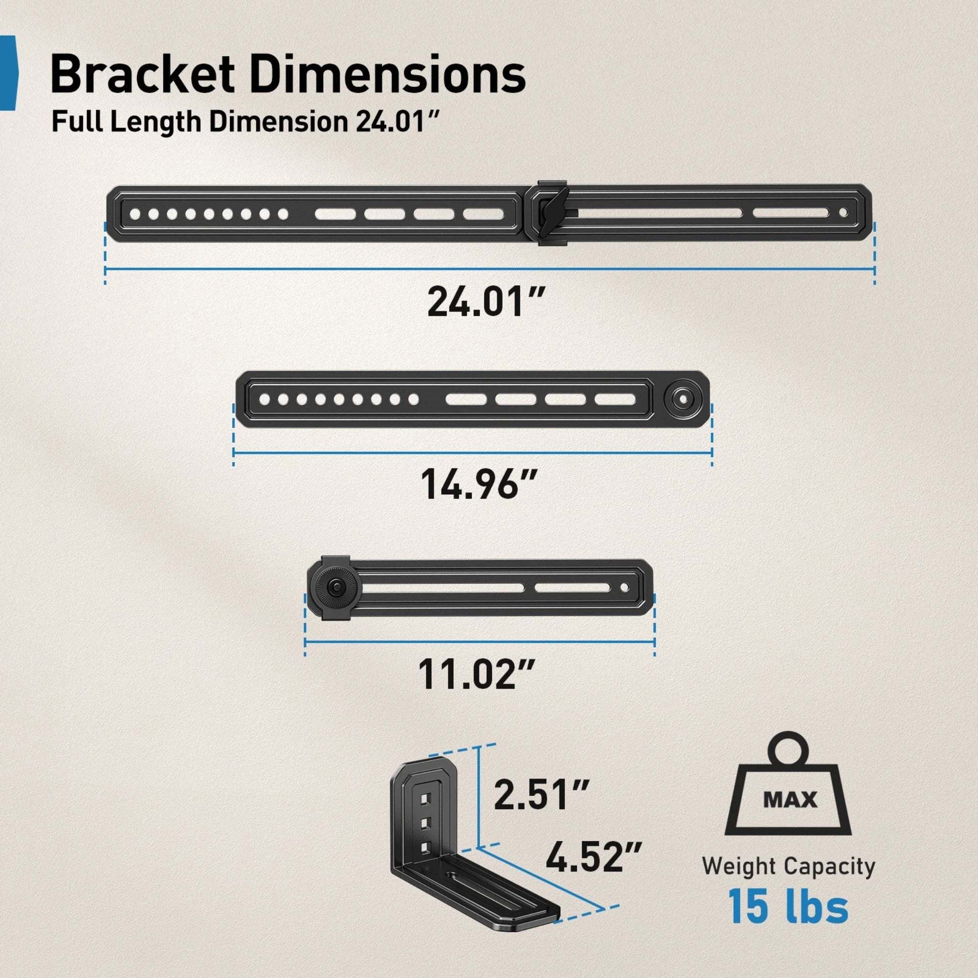 Dimensions of black universal soundbar mount brackets with weight capacity of 15 lbs displayed