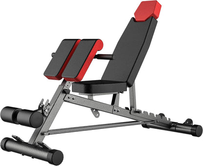Adjustable multi-functional weight bench with padded support for full body workouts including incline, decline, flat, and hyperextension exercises.