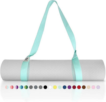 Turquoise adjustable yoga mat holder strap made of soft, durable polyester cotton for comfortable carrying and stretching.