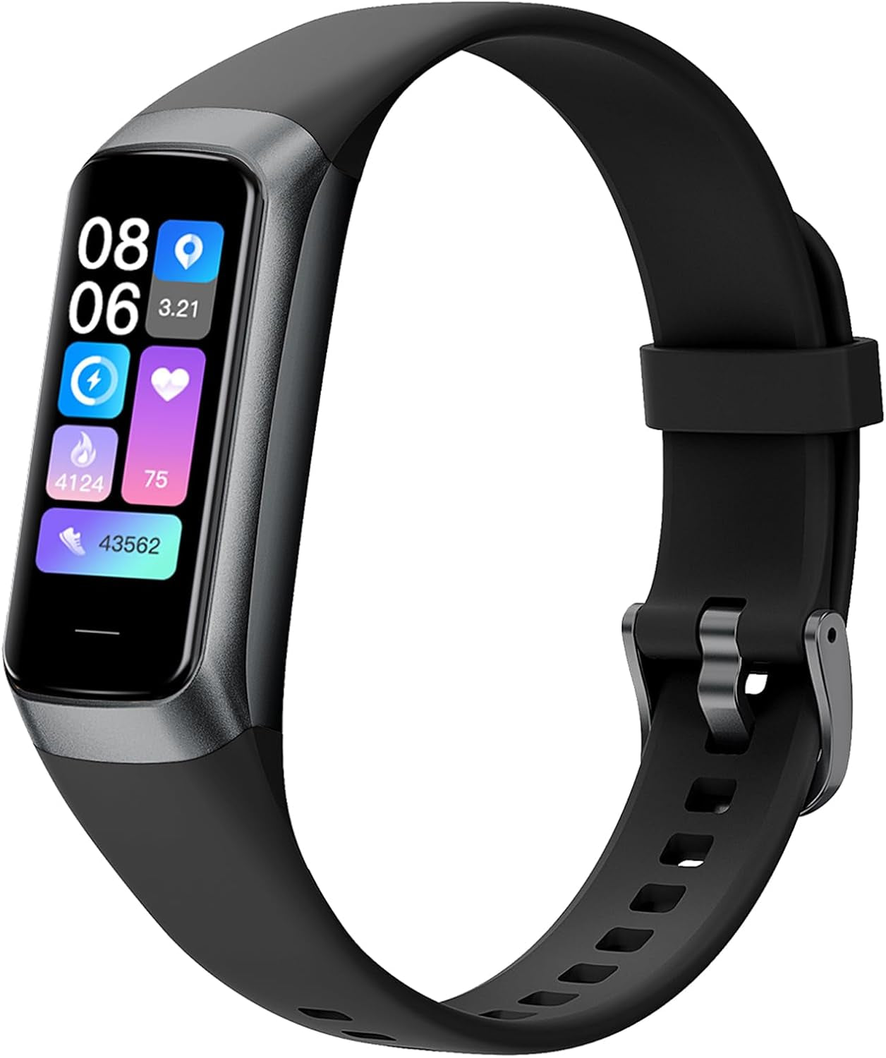 Slim black health fitness tracker with 1.1-inch AMOLED screen, blood pressure monitor, step counter, and waterproof design for men and women.