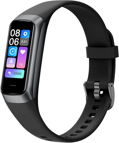 Slim black health fitness tracker with 1.1-inch AMOLED screen, blood pressure monitor, step counter, and waterproof design for men and women.