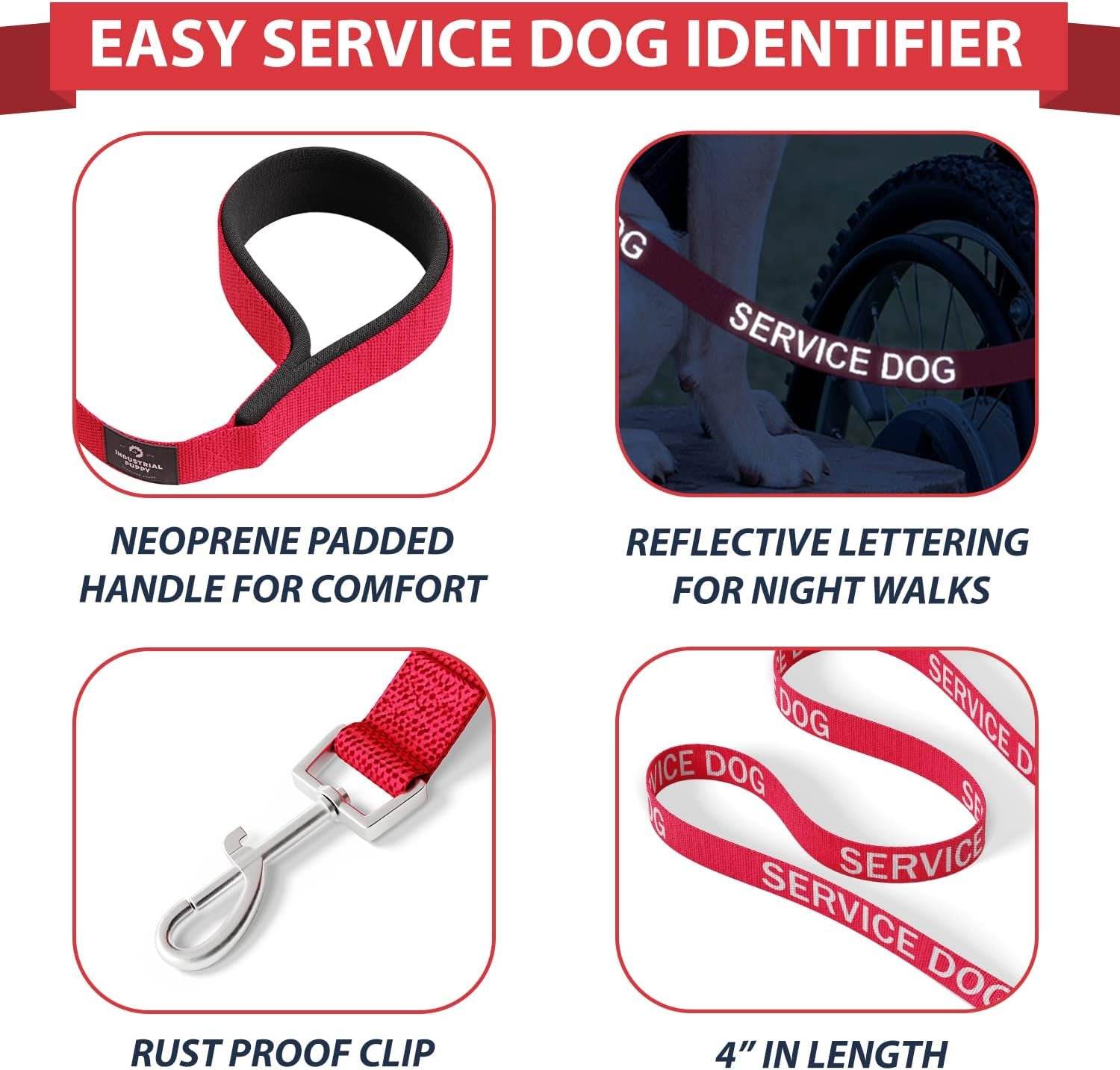 Red small service dog vest with reflective "Service Dog" leash, neoprene padded handle, and rust-proof clip for control and visibility.