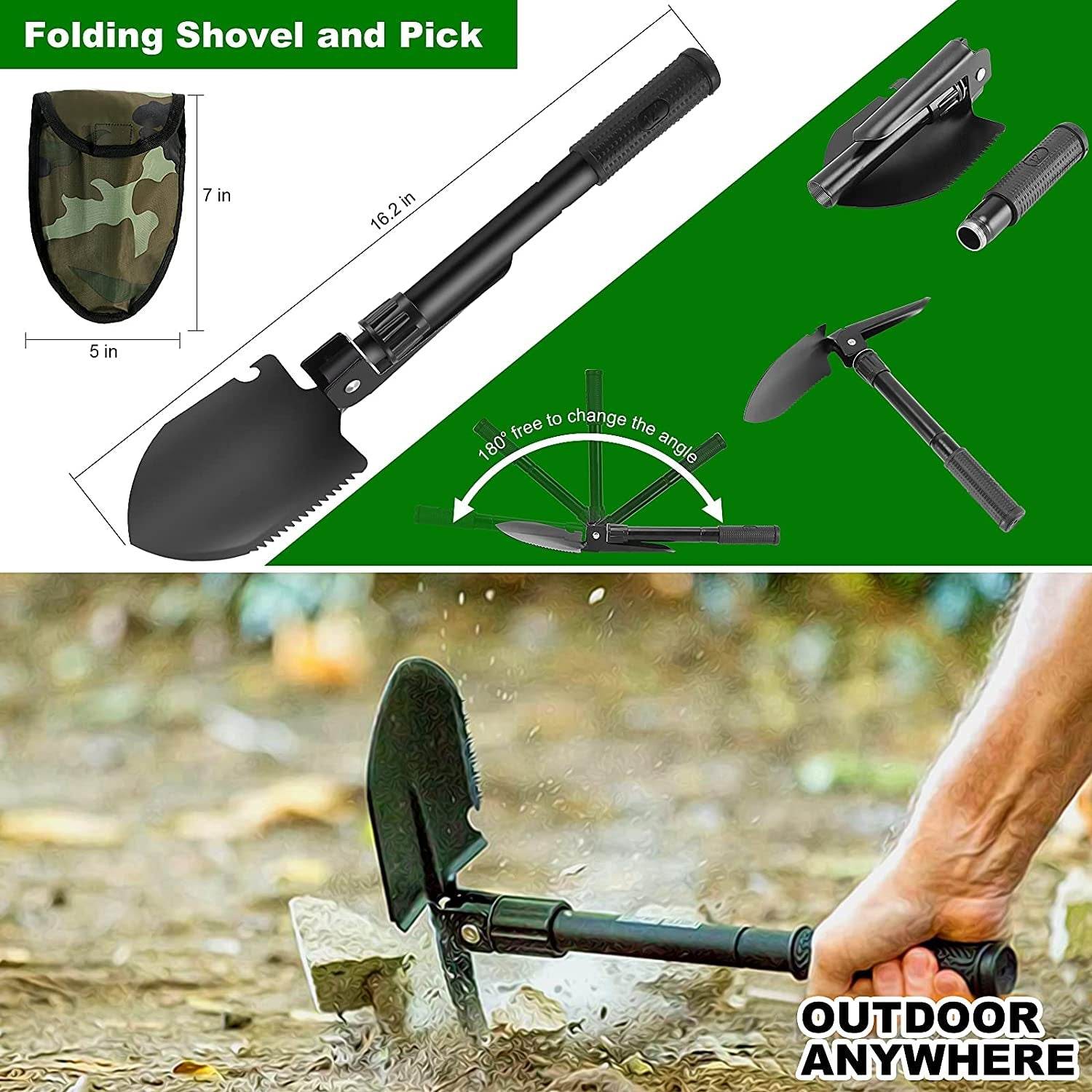 Folding shovel and pick tool with camouflage pouch, adjustable angle, designed for camping and outdoor survival kit use.