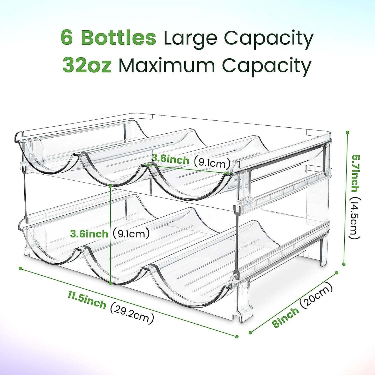 Stackable clear plastic water bottle organizer for cabinets, holds six 32oz bottles, space-saving storage rack