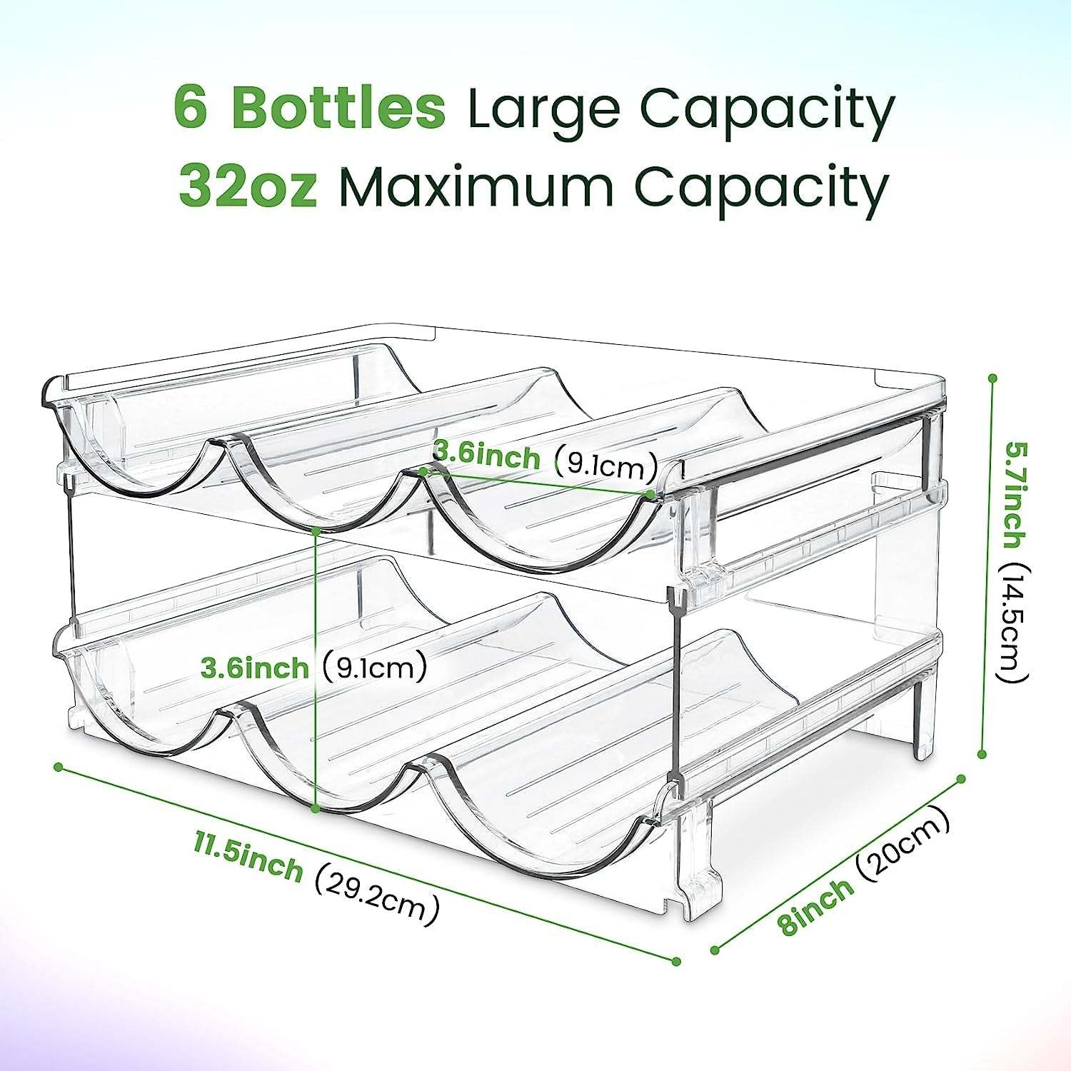 Stackable clear plastic water bottle organizer for cabinets, holds six 32oz bottles, space-saving storage rack