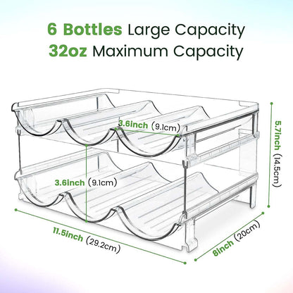 Stackable clear plastic water bottle organizer for cabinets, holds six 32oz bottles, space-saving storage rack