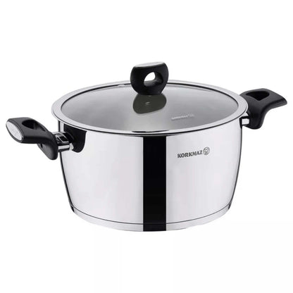 Korkmaz Nora 2L stainless steel casserole with glass lid and black bakelite handles
