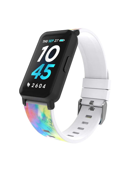 Active 3 Unisex Adult Smartwatch Fitness Tracker with tie dye silicone strap and rectangular LCD display showing time and steps