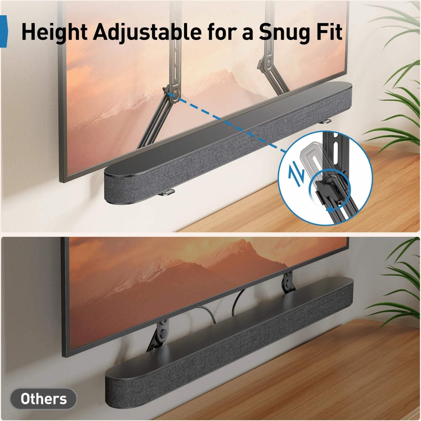 Universal Soundbar Mount with adjustable height supporting up to 15 lbs, shown mounted below a TV for a snug fit