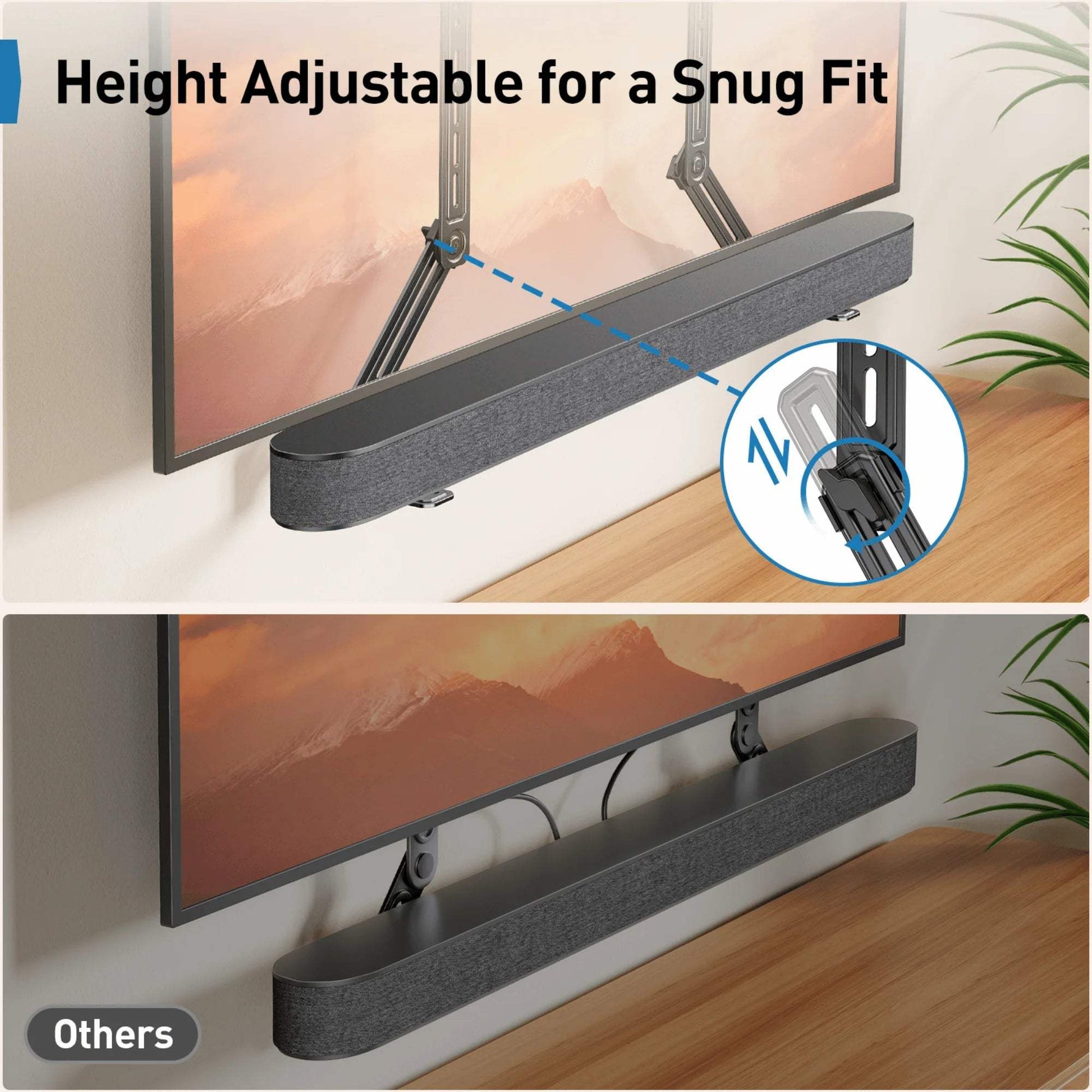 Universal Soundbar Mount with adjustable height supporting up to 15 lbs, shown mounted below a TV for a snug fit