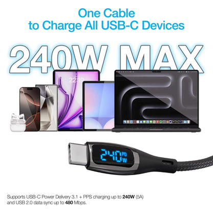 Naztech DigiWATT USB-C to USB-C LED cable 6ft with 240W power delivery and digital wattage display for fast charging and high-speed data sync