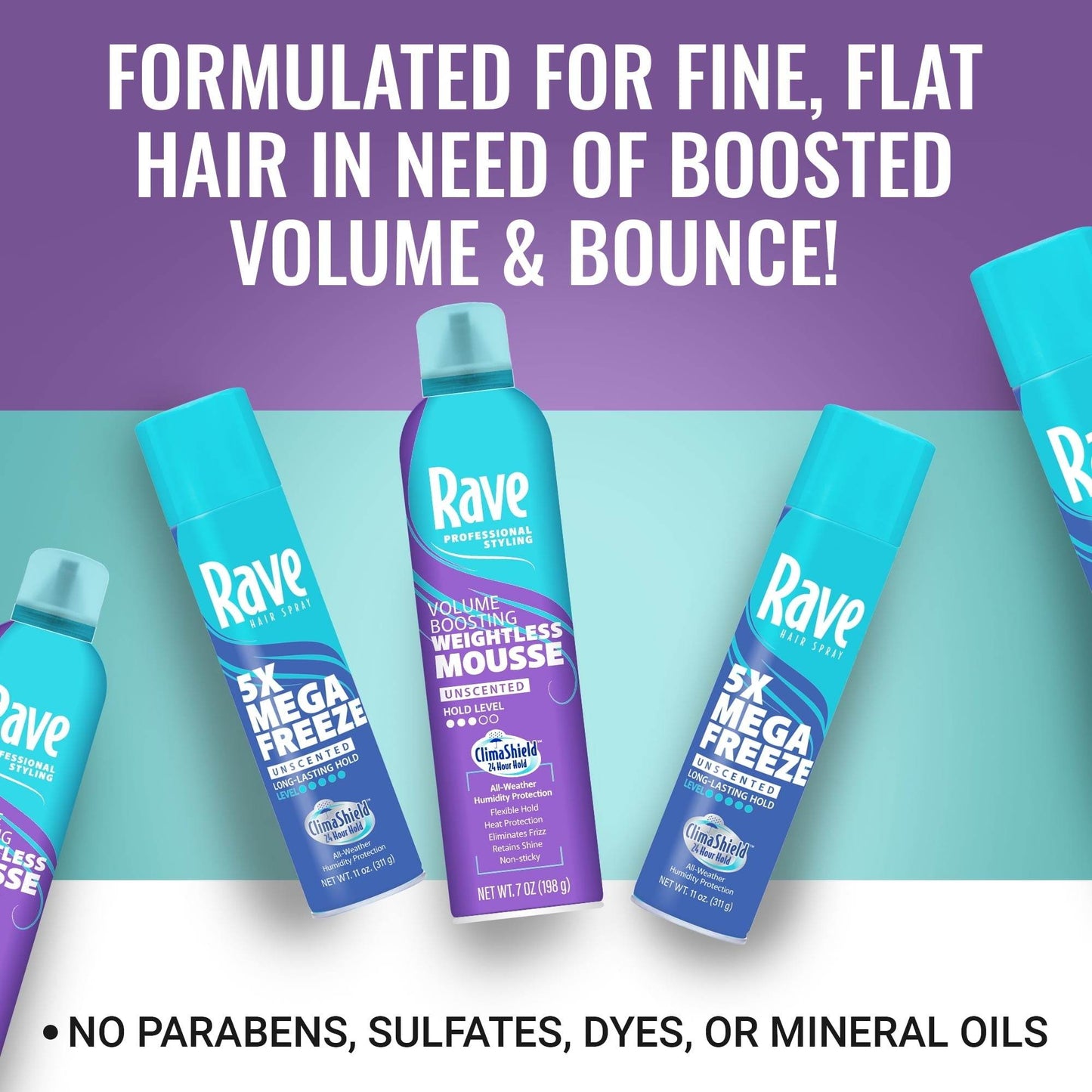 Rave Volume Boosting Weightless Mousse for all hair types, unscented, 7 oz, adds volume and body with soft flexible hold, heat and frizz protection, paraben and sulfate-free.