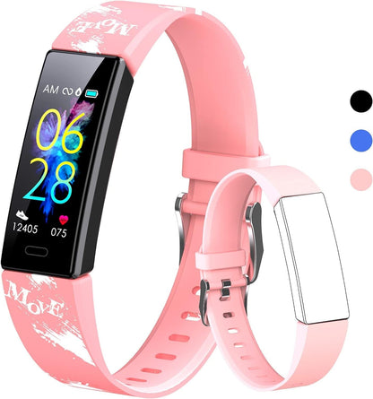 Kids fitness tracker watch with pink adjustable silicone band, colorful display, and multiple sport modes.