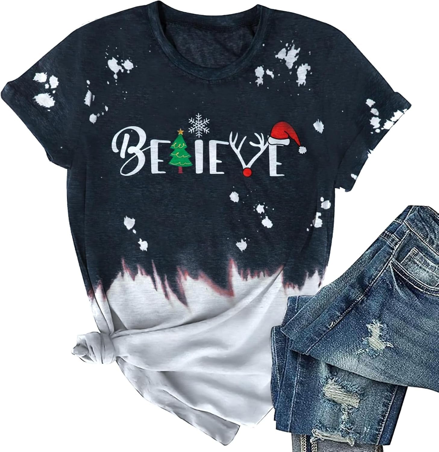 Christmas Shirt for Women Believe Letter Print T Shirts Asual Retro Holiday Short Sleeve Pullover Tops Xmas Gift
