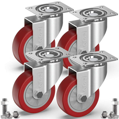 Set of 4 heavy duty 4-inch caster wheels with red rubber tires, silver metal swivel plates, and screws for furniture and trolleys, supporting up to 1320 lbs.