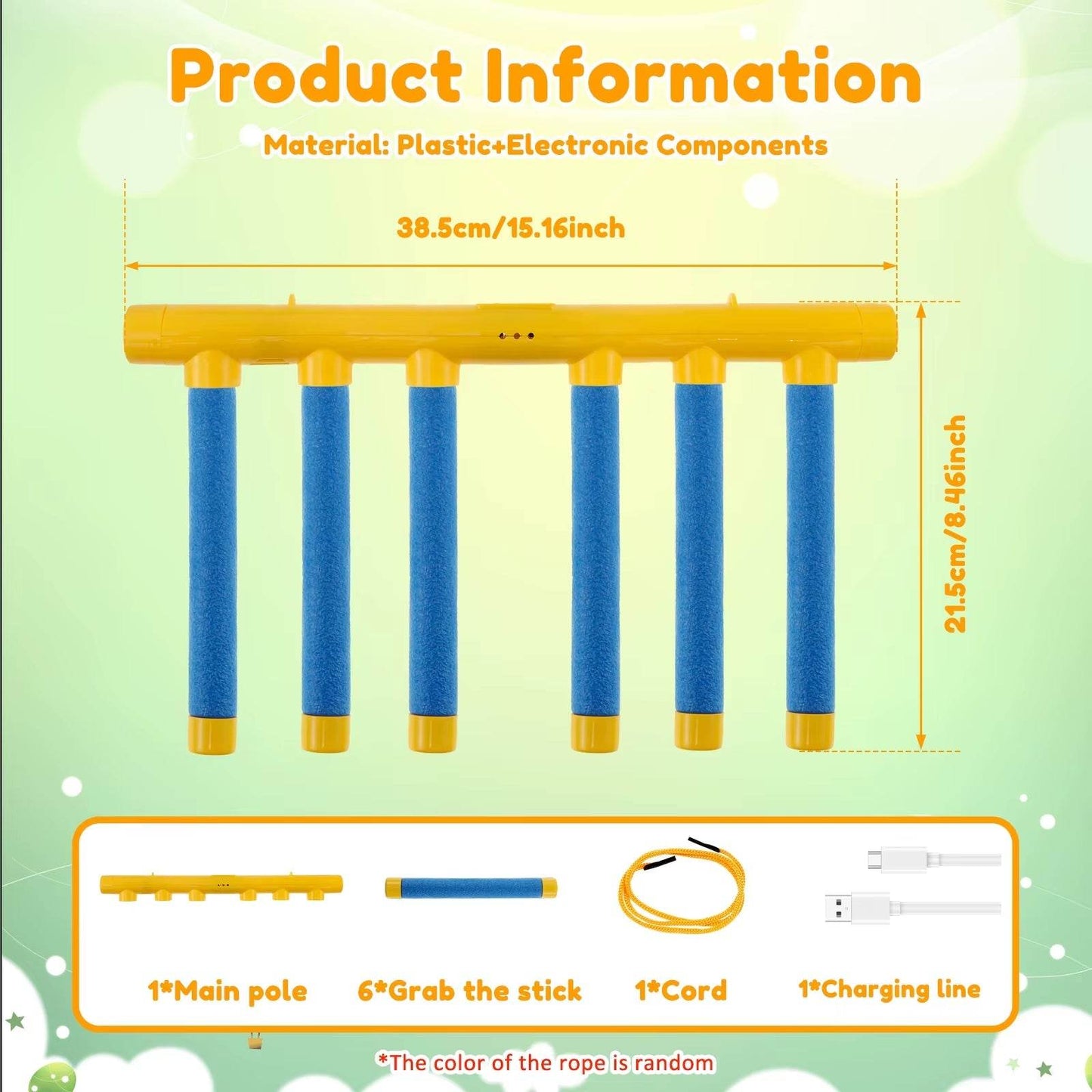 Yellow and blue falling sticks game with main pole, six blue sticks, charging cord and USB cable for hand-eye coordination training toy
