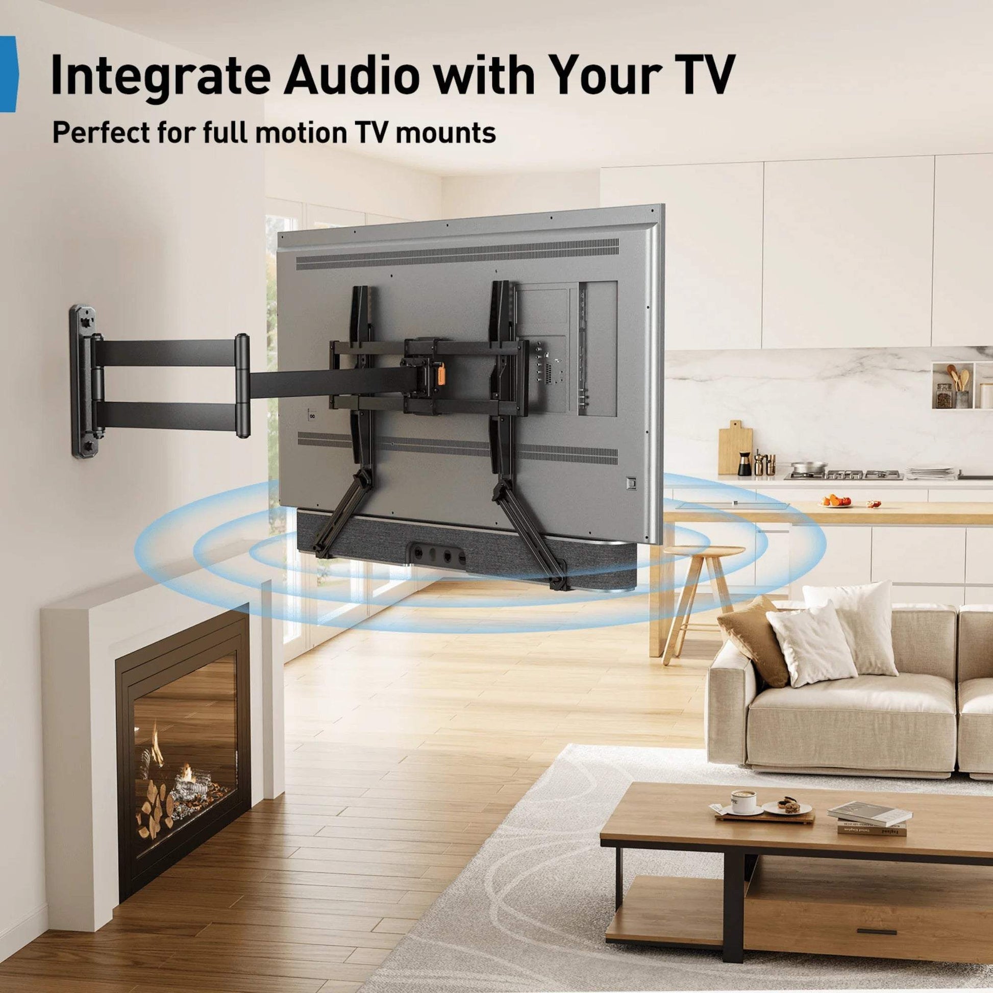 Universal soundbar mount supporting up to 15lbs shown installed behind a wall-mounted TV in a modern living room with adjustable height and full motion arm