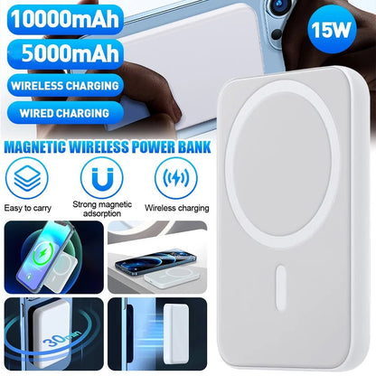 Wireless portable charger with 5000mAh and 10000mAh capacity, magnetic wireless power bank for iPhone 12/13/14 series, 15W fast charging, compact and easy to carry.