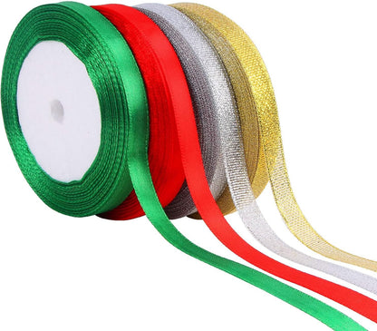 4 Rolls 100 Yards Christmas Ribbons Metallic Glitter Fabric Holiday Festival Satin Ribbons 10Mm Wide for Gift Wrapping Decoration