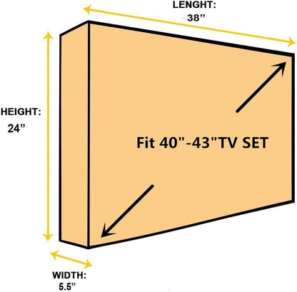 Outdoor 40"-43" TV set cover with waterproof fabric and scratch-resistant liner, fits TVs 39"W x 24"D x 5.5"H, black.