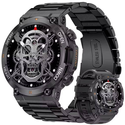 K56Pro Smart Watch for men with skull gear design, stainless steel band, heart rate monitor, Bluetooth, 1.39-inch HD screen, and multiple sport modes