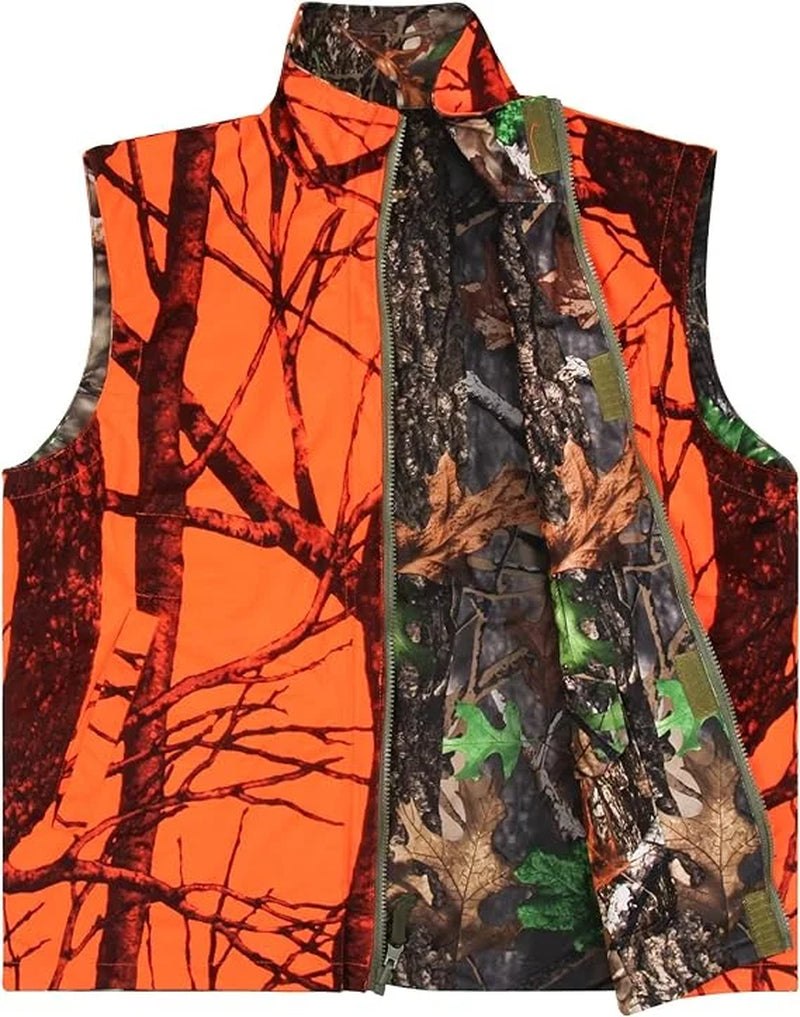 Reversible camo orange hunting heated vest with lightweight insulation and multiple pockets for outdoor warmth and safety
