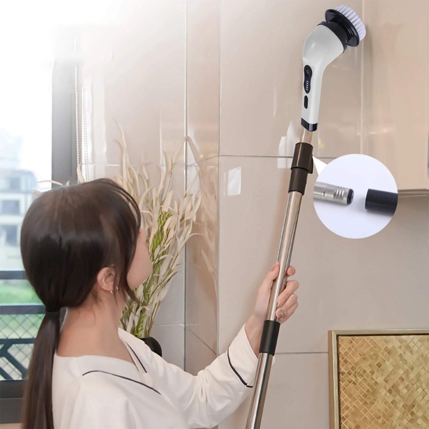 Electric Spin Scrubber, Cordless Bath Tub Power Scrubber with Long Handle & 6 Replaceable Heads, Detachable as Short Handle, Shower Cleaning Brush Household Tools for Bathroom & Tile Floor