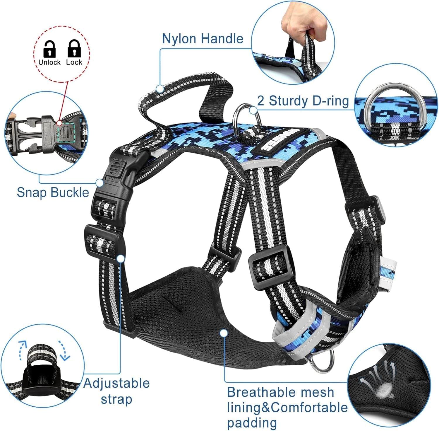 Adjustable no pull dog harness with breathable mesh padding, reflective straps, sturdy handle, and dual D-rings in blue digital camo design.