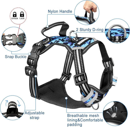 Adjustable no pull dog harness with breathable mesh padding, reflective straps, sturdy handle, and dual D-rings in blue digital camo design.