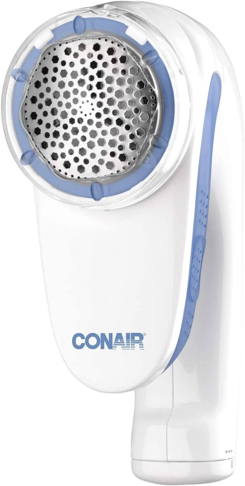 White Conair fabric shaver with ergonomic handle and large shaving head for removing lint and fuzz from fabrics