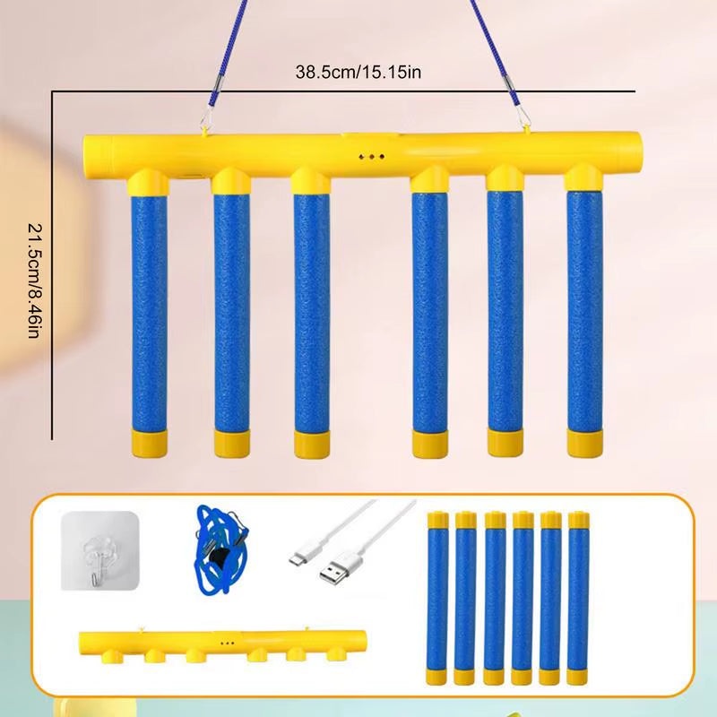 Challenge Falling Sticks Game with six blue sticks hanging on yellow bar, designed to train kids' reaction and coordination skills, includes USB charging cable and remote control.
