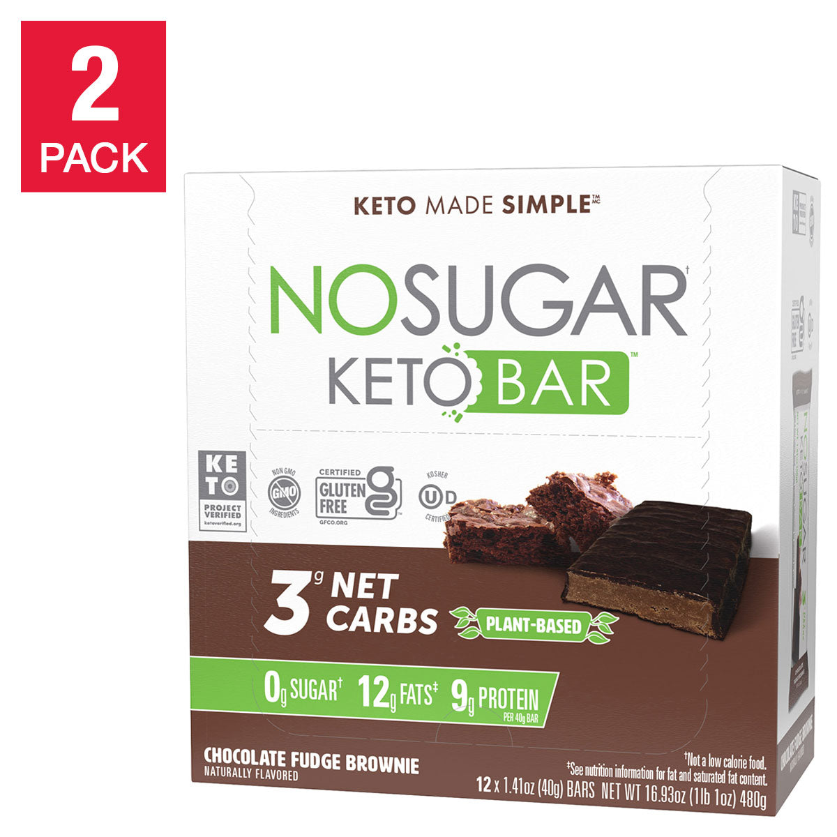 No Sugar Keto Bar (12-Count) 2-Pack Chocolate Fudge Brownie