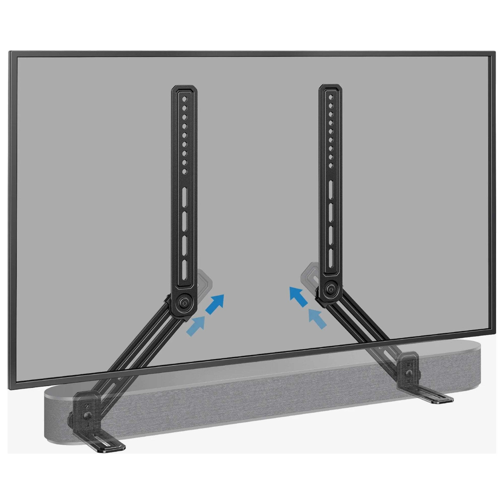 Universal soundbar mount with adjustable height supporting up to 15 lbs, compatible with various TVs and soundbars