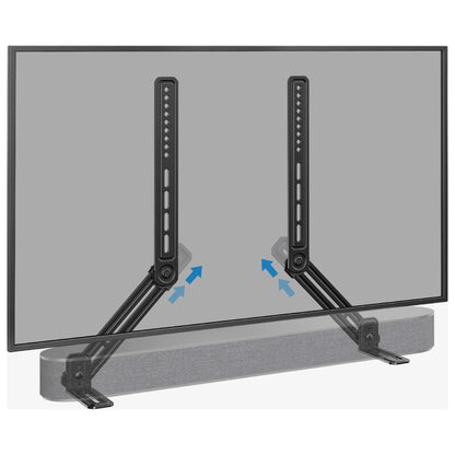 Universal soundbar mount with adjustable height supporting up to 15 lbs, compatible with various TVs and soundbars