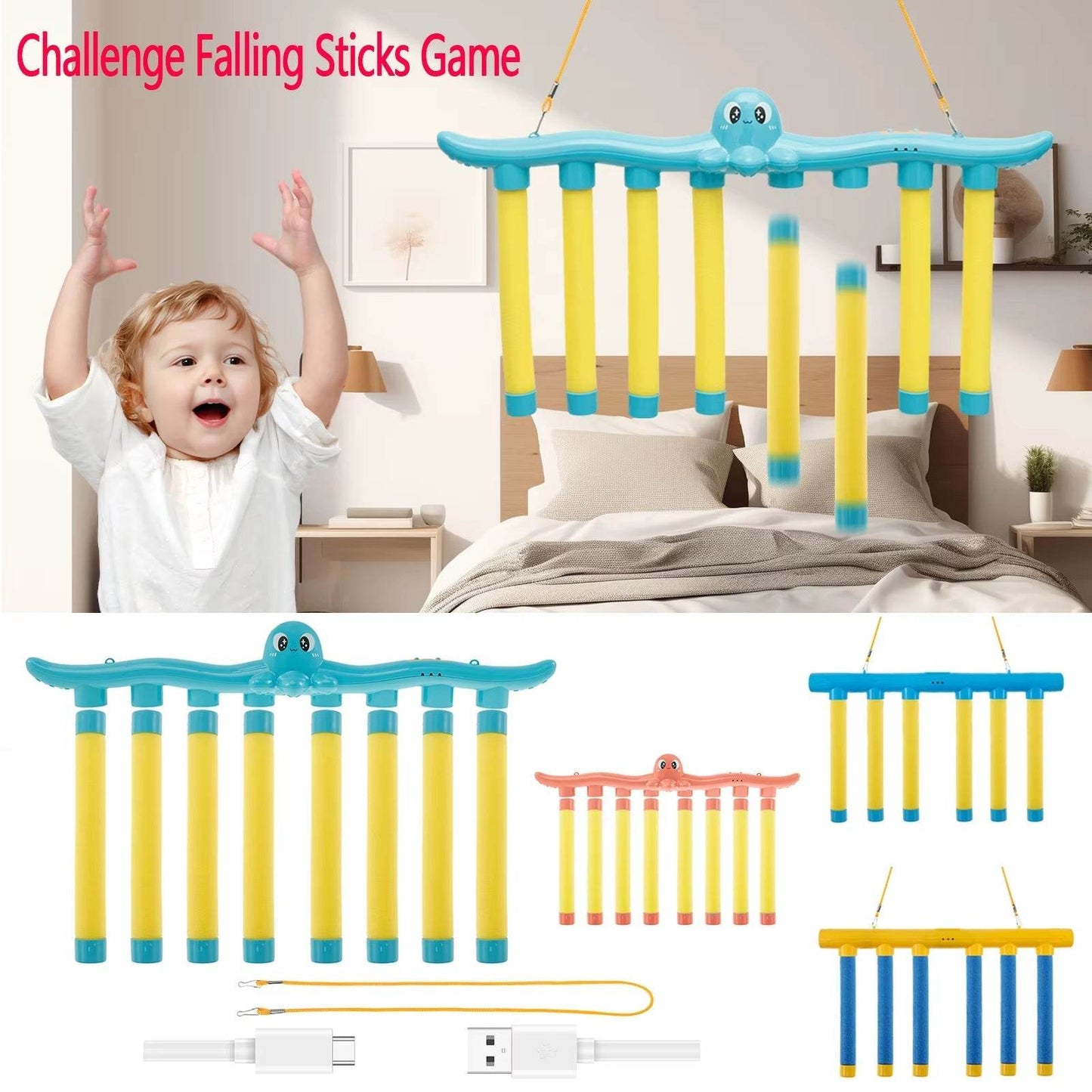 Falling sticks game for kids with adjustable speed, improving hand-eye coordination and reaction skills, featuring colorful hanging sticks and rechargeable main rod.