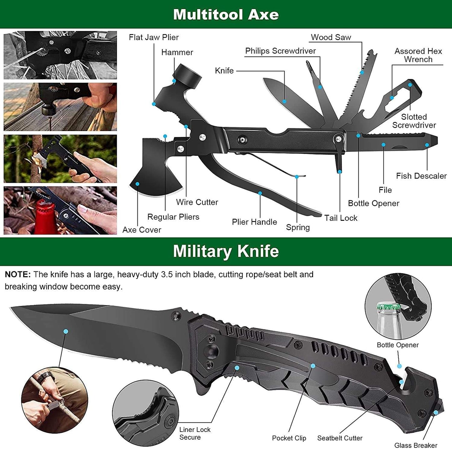 Survival kit and first aid kit with multitool axe and military knife featuring multiple functions for outdoor emergencies and adventure.