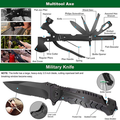 Survival kit and first aid kit with multitool axe and military knife featuring multiple functions for outdoor emergencies and adventure.
