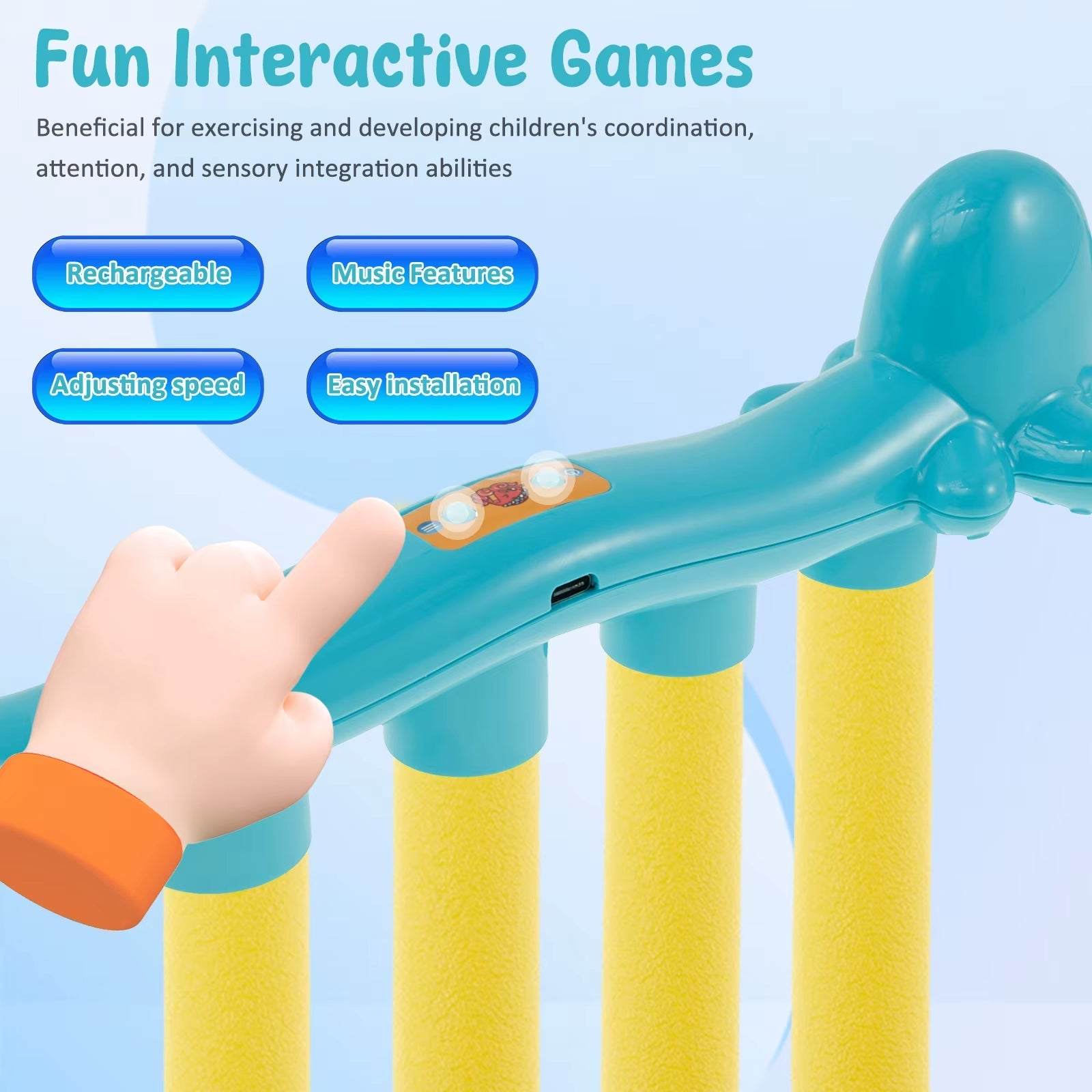 Interactive falling sticks game toy for kids with adjustable speed and rechargeable main rod for hand-eye coordination training