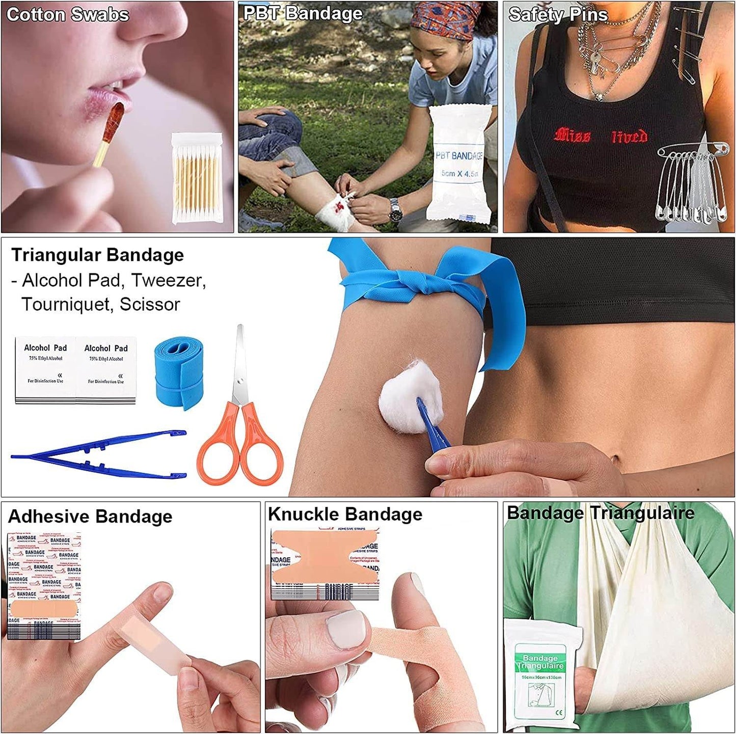 Comprehensive survival and first aid kit featuring cotton swabs, PBT bandage, safety pins, triangular bandage with alcohol pad, tweezers, tourniquet, scissors, adhesive and knuckle bandages, ideal for outdoor emergencies.