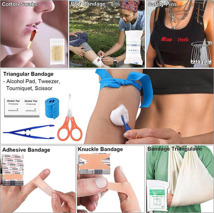 Comprehensive survival and first aid kit featuring cotton swabs, PBT bandage, safety pins, triangular bandage with alcohol pad, tweezers, tourniquet, scissors, adhesive and knuckle bandages, ideal for outdoor emergencies.