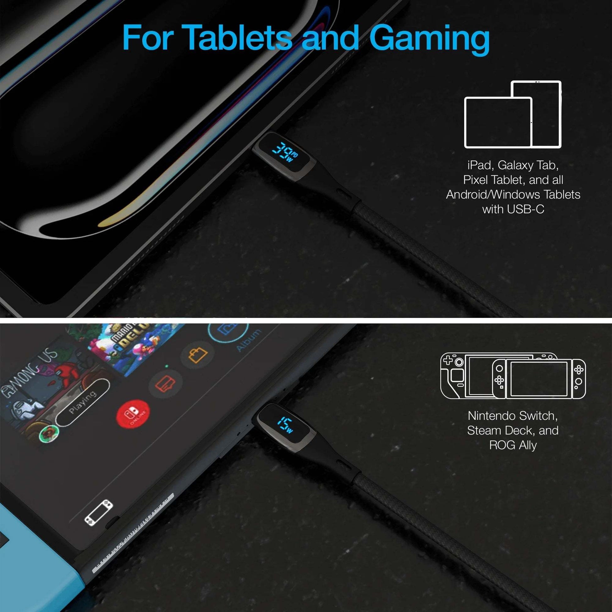 Naztech DigiWATT USB-C to USB-C 6ft braided charging cable with built-in LED digital wattage meter for tablets and gaming devices.