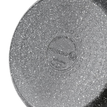 Bottom view of Korkmaz Ornella 2L aluminum non-stick saucepan with scratch-resistant surface