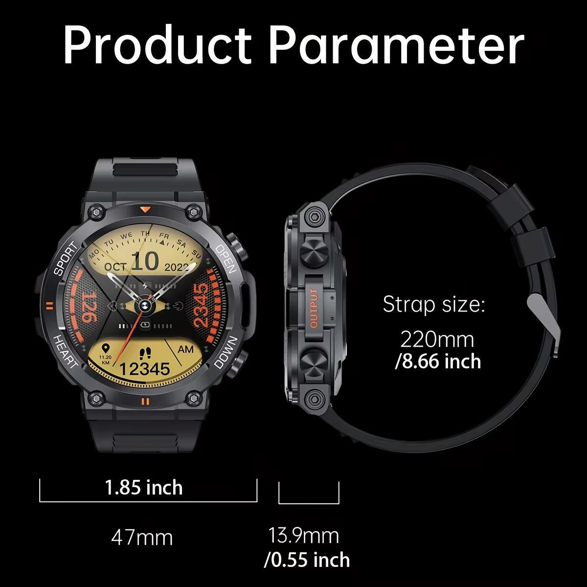 K56Pro Smart Watch for men with 1.39-inch 360x360 HD screen, heart rate and blood monitoring, Bluetooth, sport features, and 400mAh long battery life.